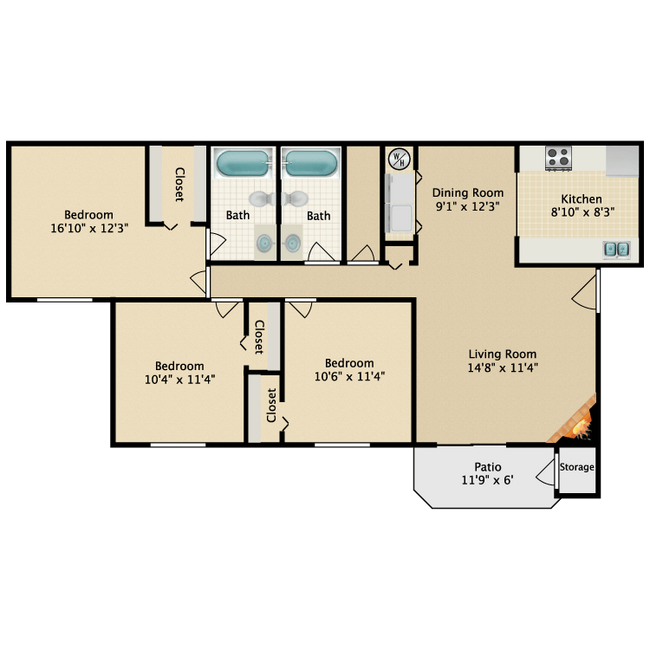 3 Bed 2 Bath F102 floor plan